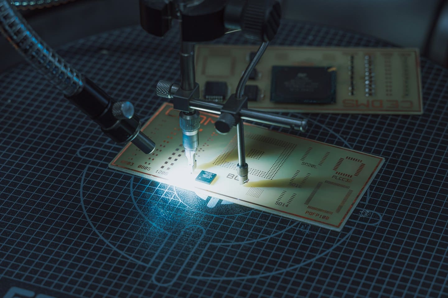 Precision tool soldering components onto a circuit board.