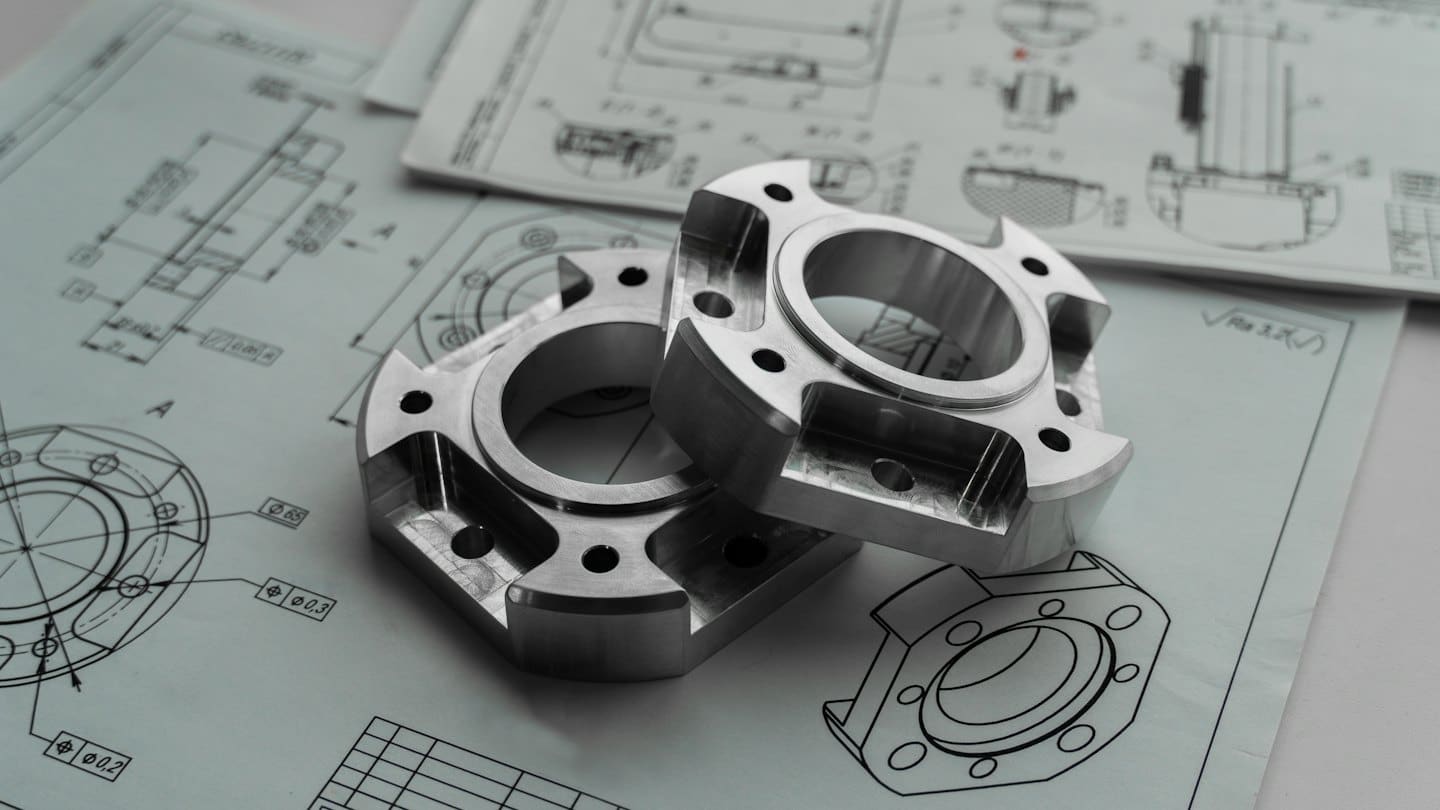 Metal machine parts rest on engineering blueprints.